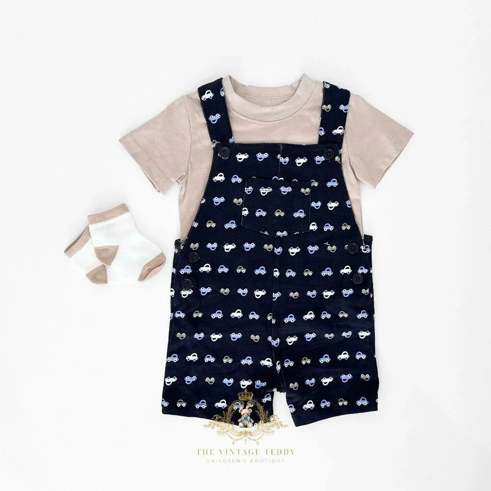 NWT Cute Boys Overalls Dungarees 3 Piece Matching Set Cars Navy Blue & Tan 6M